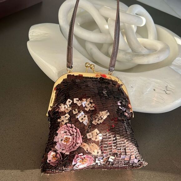 BRACCIALINI Vintage Brown Sequins Beads Small Bag Hangbag Made In Italy. - Picture 2 of 9